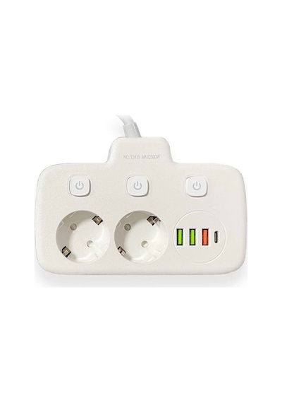 Akım Korumalı 2 Li Ayrı Anahtarlı Priz, 2x Priz, 3x Usb, 1x Type-c, 2 Mt Kablo, Hızlı Şarj 0.1 M