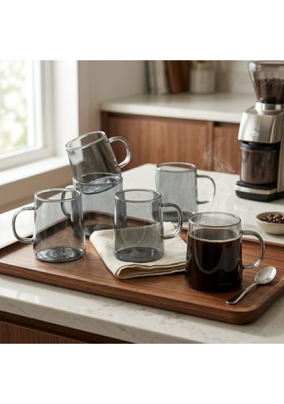 6&apos Lı Antrasit Boyalı Borosilikat Cam Kupa Seti - Isıya Dayanıklı, İnce Ve Hafif Çay, Kahve Bardağı Takımı 320 Ml Aeropress