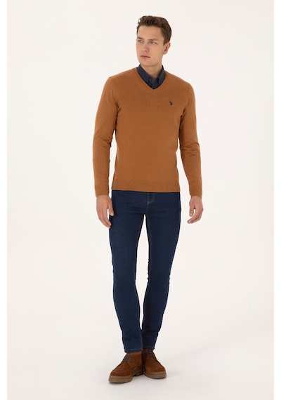 U.S. Polo Assn. Erkek Slim Fit V Yaka Camel Basic Triko Kazak 50313662-VR233