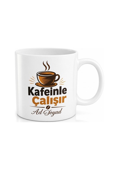 İsme Özel Kafeinle Çalışır Yazılı Komik Kupa Bardak Esprili Hediye Beyaz / Çok Renkli