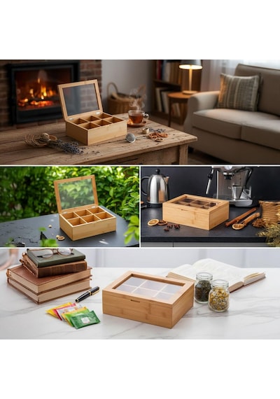 Deconox Bambu 6 Bölmeli Çay Kutusu -%100 Orjinal Bambu Mıknatıslı Kapak 21x16,5 X7cm Sku: Smg8690010173515 Açık