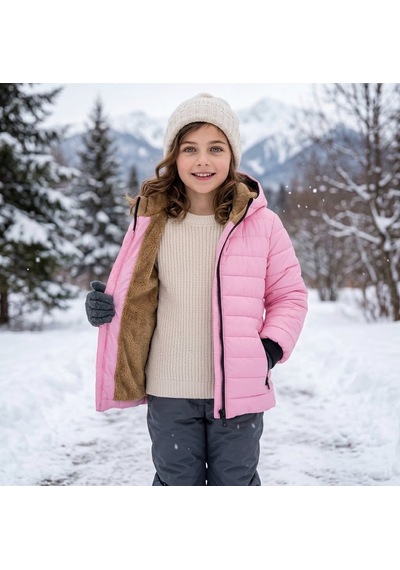 Merdia Kids Kız Çocuk Düz Çizgili Su Ve Rüzgar Geçirmez İçi Kürklü Mont Pembe