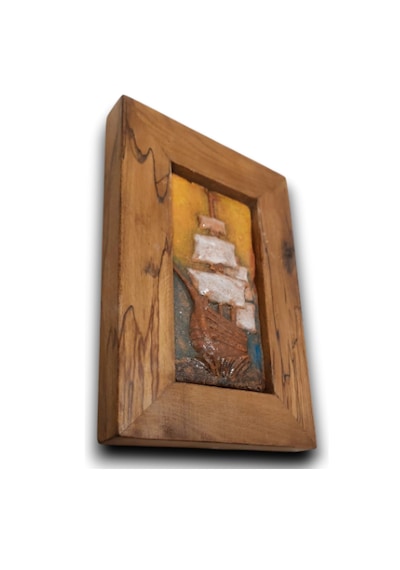 Ahşap Çerçeveli Seramik El Yapımı Handmade Gemi Tablo 15x22,5x2,5cm Çerçeveli
