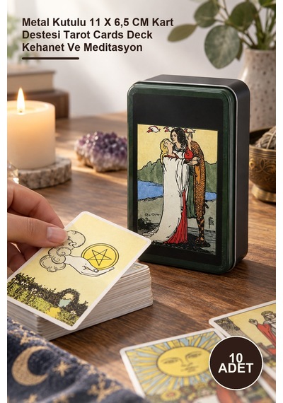 10 Adet Tarot Kartı Metal Kutulu 11 X 6,5 Cm Kart Destesi Tarot Cards Deck Kehanet Ve Meditasyon