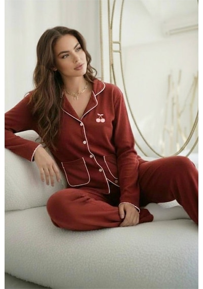 Siyah İnci Cepli Bürümcük-krınkıl Uzun Kollu Düğmeli Örme Pijama Takım 7941 Kiremit