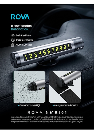 Rova Nmr101 Araç İçi Park Telefon Numaratörü Cam Kırıcı Ve Emniyet Kemeri Kesicili 1 Set