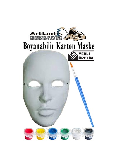 Maske Boyama 1 Paket Boyanabilir Karton Maske Lastikli İnsan Yüzü Suratı Yerli Üretim Fırça Akrilik Boya 6 Renk