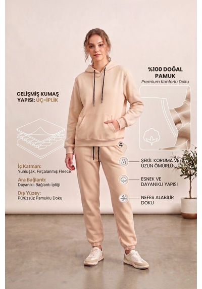 Moibody Kadın 3 İplik Şardonlu Eşofman Takımı Premium Kapüşonlu Sweatshirt Ve Jogger Alt Krem Krem