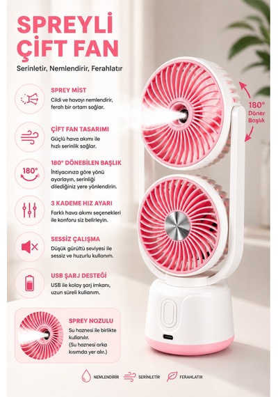 Taşınabilir Spreyli Çift Başlıklı Şarjlı Mini Vantilatör, Usb Şarjlı Taşınabilir Fan, Sessiz Soğutucu Sprey Mist Fan, Ev Ofis Yaz Pembe - 908664352 Taşınabilir Spreyli Çift Başlıklı Şarjlı Mini Vantilatör, Usb Şarjlı Taşınabilir Fan, Sessiz Soğutucu Sprey Mist Fan, Ev Ofis Yaz Pembe - 908664352