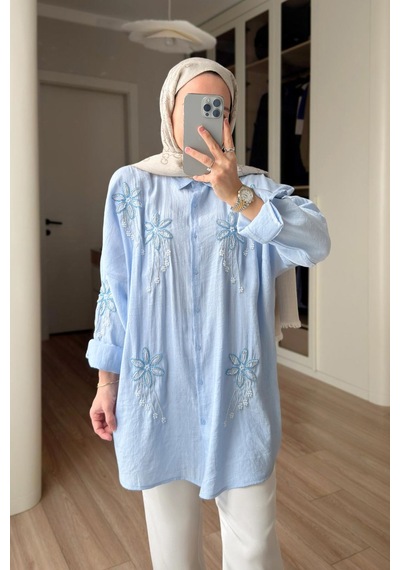 Kahijab Stella Boncuk İşlemeli Gömlek - Mavi