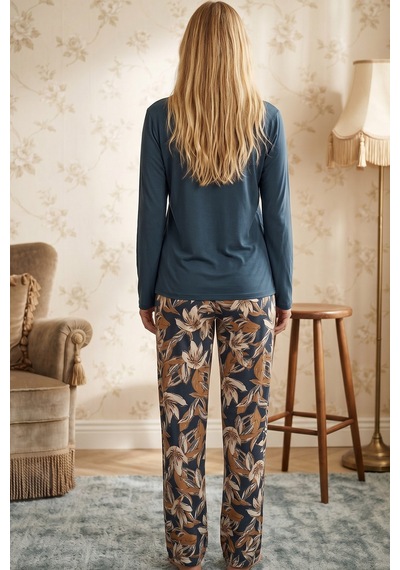 Siyah İnci Yeşil Desenli Nakışlı V Yaka Viskon Örme Pijama Takım 26224629