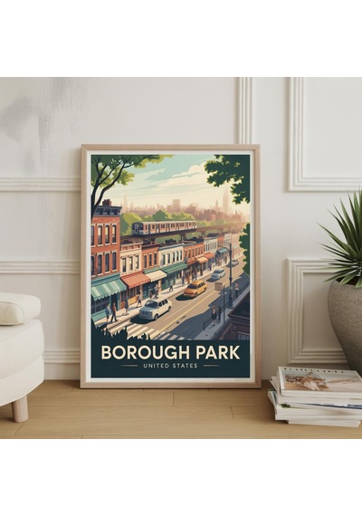 Borough Park Seyahat Posteri: İkonik Yer İşaretleri, Canlı Şehir Manzarası Amerika Birleşik Devletleri
