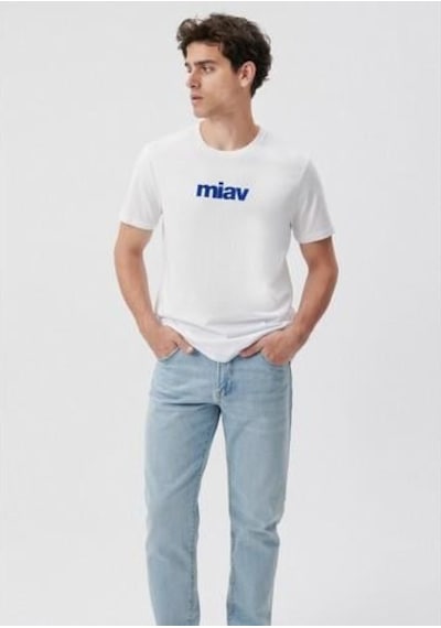 Mavi Miav Baskılı Tişört Beyaz