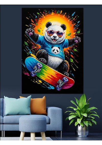 Kaykaycı Panda Skater Panda Dekoratif Kanvas - Mdf Ahşap Tablo
