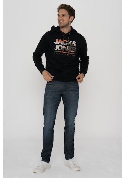 Jack & Jones Erkek Logo Baskılı Kapüşonlu Sweatshirt - Luke Black Siyah
