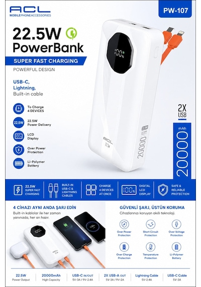 Pw-107 20.000 Mah Powerbank 22.5w Hızlı Şarj Dahili Type-c Lightning Kablolu Lcd Göstergeli 2 Usb Beyaz Çok Renkli