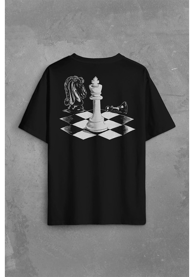 Satranç Zeka Oyunu Şah Mat Vezir Chess Santranç Sırt Ön Baskılı Oversize Tişört Unisex T-shirt 001