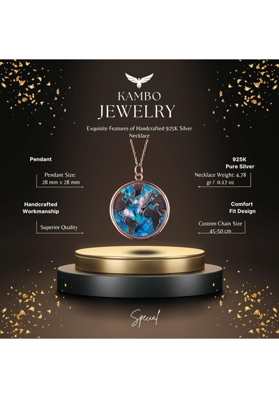 Dünya Haritası Kolye, 925 Ayar Gümüş Rose Gold Kaplama Kolye, Farklı Dünya Tasarımı Gümüş