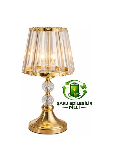 Şarj Edilebilir Pilli Led Ampullü T Serisi Masa Abajuru Metal Ve Cam Gövde Cam Başlık Altın