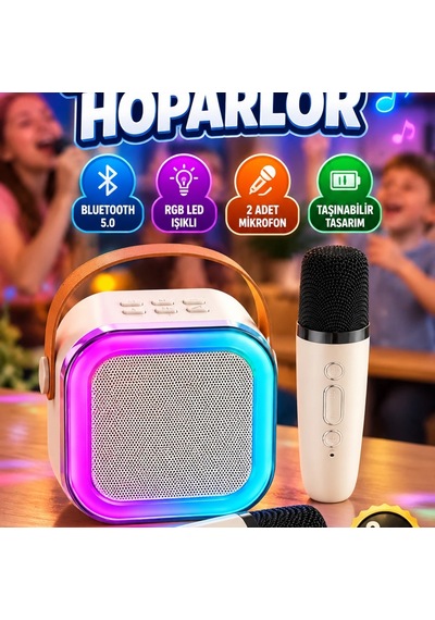 Kablosuz Karaoke Hoparlör Çift Mikrofonlu Bluetooth 5.0 Led Işıklı Taşınabilir Ses Sistemi
