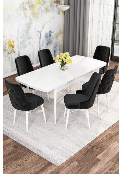 Zümra Serisi, Beyaz 80x132 Açılabilir Mdf Mutfak Masası Takımı 6 Adet Sandalye Siyah
