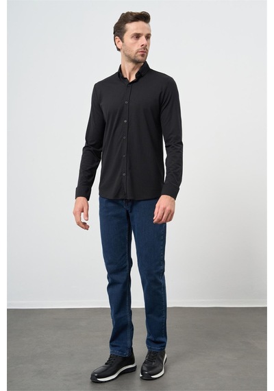 İmza Siyah Uzun Kol Düz Örme Smart Düğmeli Yaka Classic Slim Fit Gömlek 1004245160 Siyah