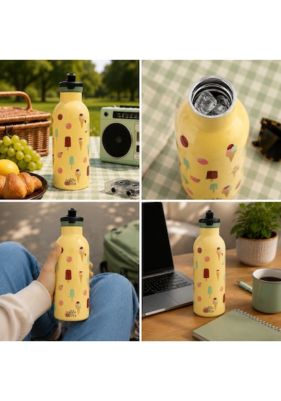 Mamawata Ice Cream Pipetli Çocuk Termos Matara 470 Ml Paslanmaz Çelik Sızdırmaz Yalıtımlı Suluk Sarı