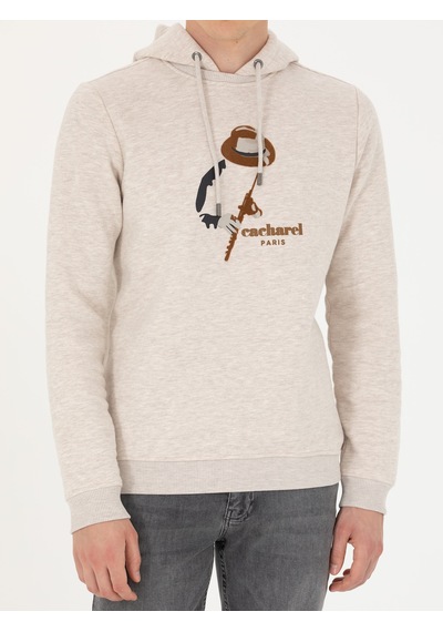 Bej Melanj Regular Fit Pamuk Karışımlı Kapüşonlu Sweatshirt