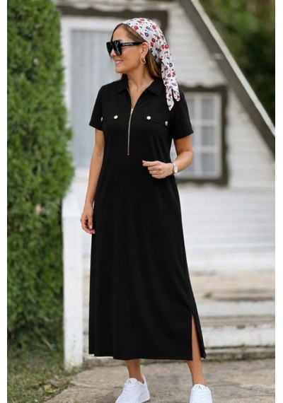 Efnaz Style Kadın Kısa Kollu Yakalı Fermuarlı Uzun Viskon Iki Iplik Elbise Siyah