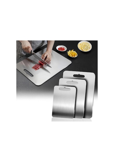 Paslanmaz Çelik Kesme Tahtası - Büyük - Orta - Küçük Boy 3lü Set Metalik