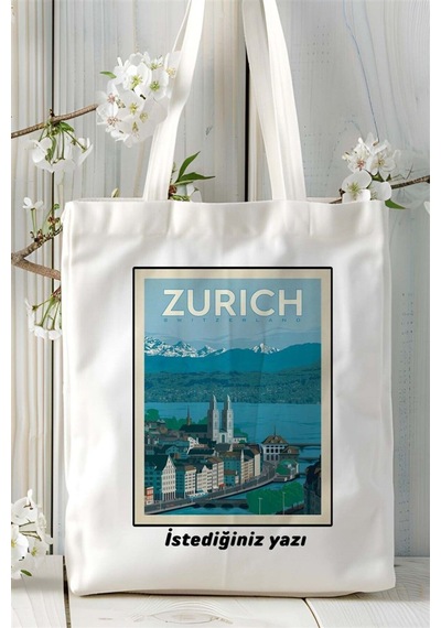 Art Hediye Zurich Zürih Baskılı Bez Çanta Omuz Çantası Kişiye Özel Desen 2 Çok Renkli