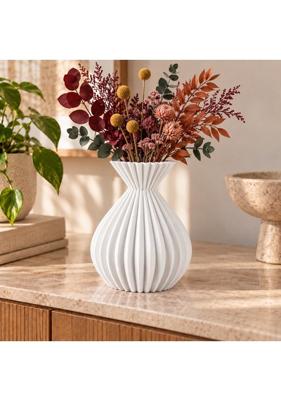 Çizgili Dekoratif Vazo 20 Cm Ahenk Serisi Modern Kuru Çiçeklik Beyaz