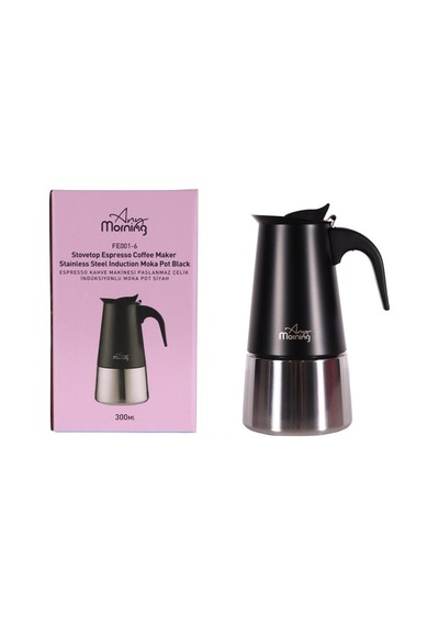 Any Morning Fe001-6 Espresso Kahve Makinesi Paslanmaz Çelik İndüksiyonlu Moka Pot 300 Ml Siyah