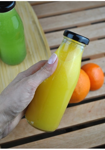 5 Adet Cam Şişe Meyve Suyu Ayran Detoks Şişesi 250 Ml Siyah Metal Kapaklı Şişe