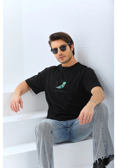 Erkek Kısa Kol Baskılı Bisiklet Yaka T-shirt - Siyah Siyah