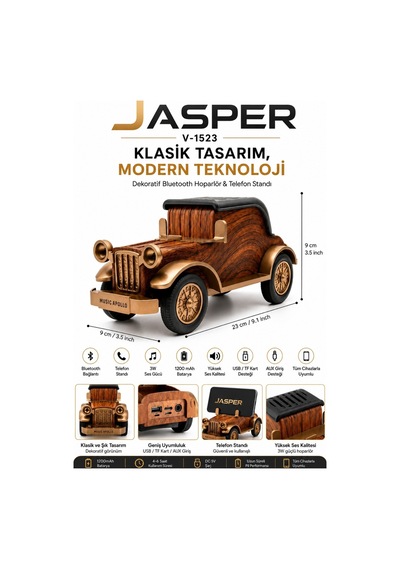 Jasper Jpr-1523 Dekoratif Bluetooth Hoparlör Telefon Standı Retro Klasik Araba Tasarım 3w 1200 Mah