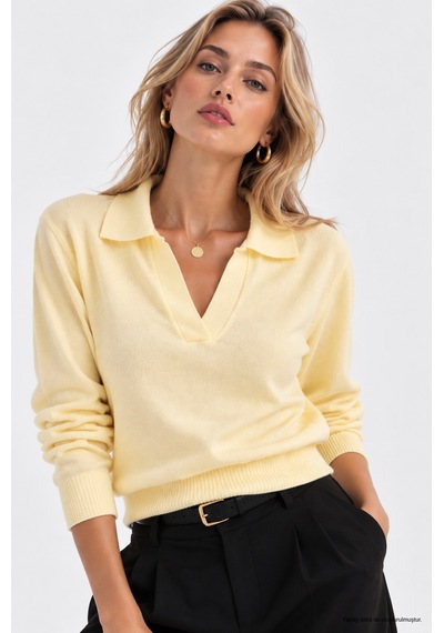 Wild Bee Kadın Sarı Polo Yaka Uzun Kollu Triko Bluz