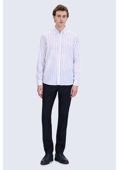 Hatemoğlu Lacivert Comfort Fit Çizgili Düğmeli Yaka 100% Pamuk Uzun Kollu Casual Gömlek