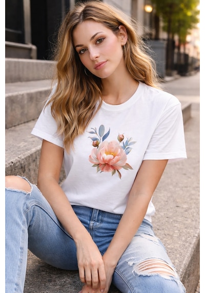 Herkesemoda Pembe Çiçek Baskı Detaylı Basic T-shirt Beyaz