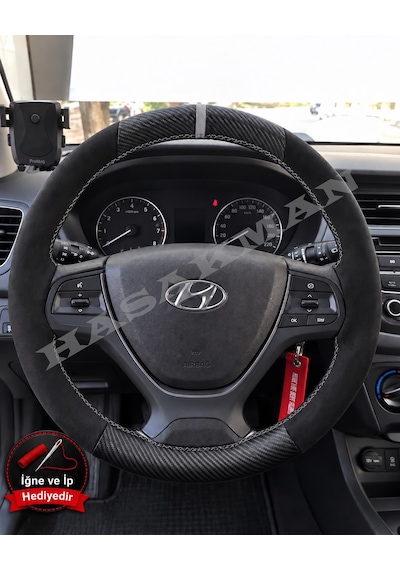 Hyundai İ20 Dikme Direksiyon Kılıfı Alcantara Süet Mat Karbon Gri Yüzük Ve Dikiş 2014-2020 Siyah