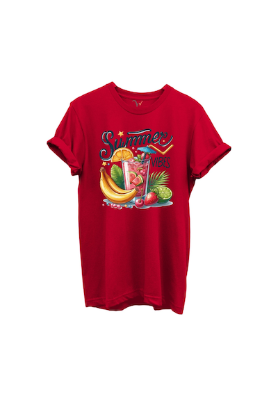 Summer Vibes Yazılı Meyve Kokteyli Ve Tropik Desenli %100 Pamuk Regular Fit Unisex T-shirt Kırmızı