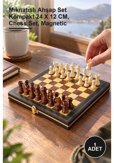 1 Adet Ahşap Mıknatıslı Hazneli Satranç Takımı Mıknatıslı Ahşap Set Kompakt 24 X 12 Cm, Chess Set, Magnetic