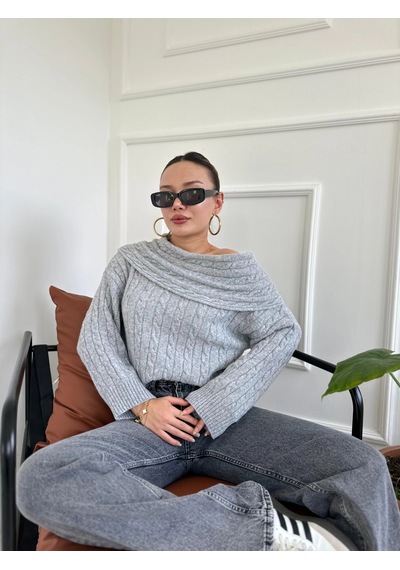 Keymoda Kadın Madonna Yaka Kazak Gri Gri