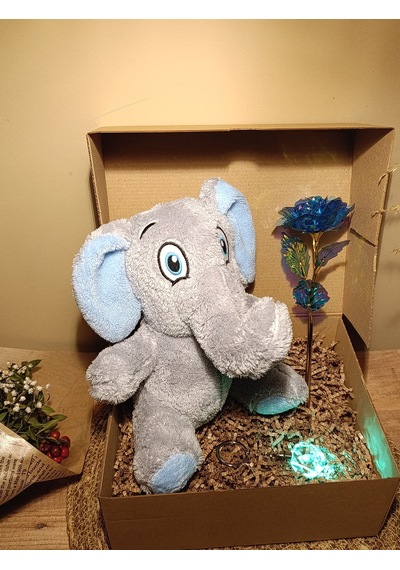 Kutulu Hediye Seti / Peluş Fil 24cm - Renk Değiştiren Işıklı Anahtarlık - Sonsuzluk Gülü