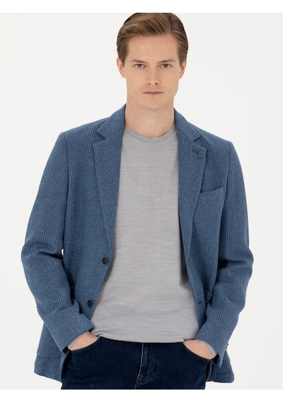Cacharel Mavi Slim Fit Yün Karışımlı Flanel Ceket