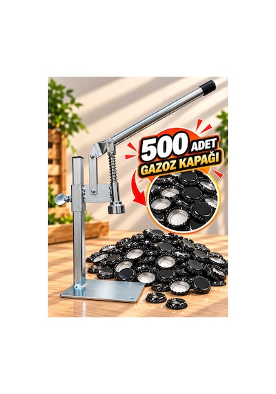 Gazzel Şişe Kapatma Aleti Gazoz Soda Şişesi Taç Kapak Makinası + 500 Adet Gazoz Kapağı Açık Gri
