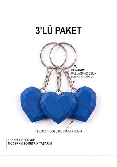 3'lü Geometrik Kalp 3d Anahtarlık & Çanta Süsü Mavi