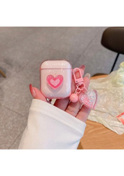 Apple Uyumlu AirPods 2.nesil Simli Pembe Kalp Tasarımlı Love Kılıf
