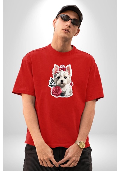 Beyaz Highland Teriyeri Kırmızı Gül Pamuklu Bisiklet Yaka Unisex Oversize Boyfriend Dijital Baskılı Kırmızı T-shirt Kırmızı