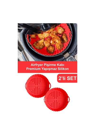 2 Adet Airfryer Silikon Pişirme Kabı - Kırmızı - Tüm Airfryer'lara Uyumlu Silikon Kırmızı Diğer